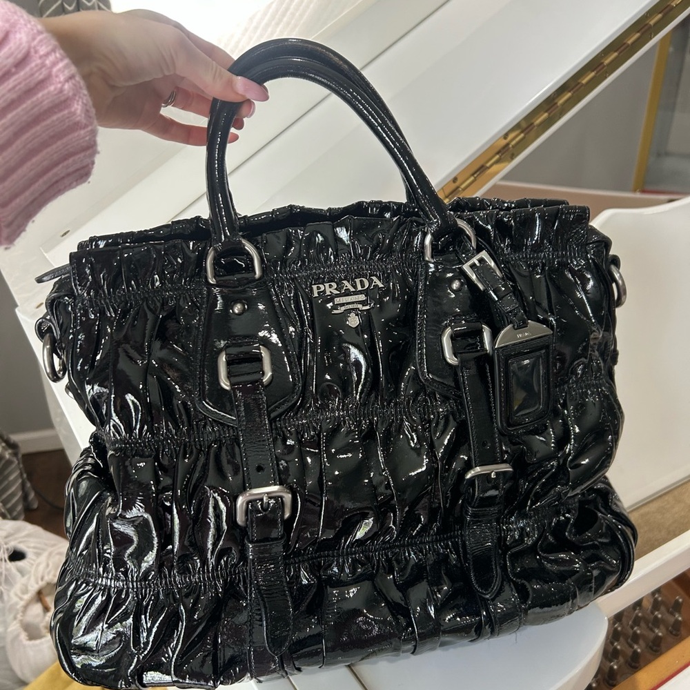 Prada Black Patent Ruched Tote with Buckle Accents